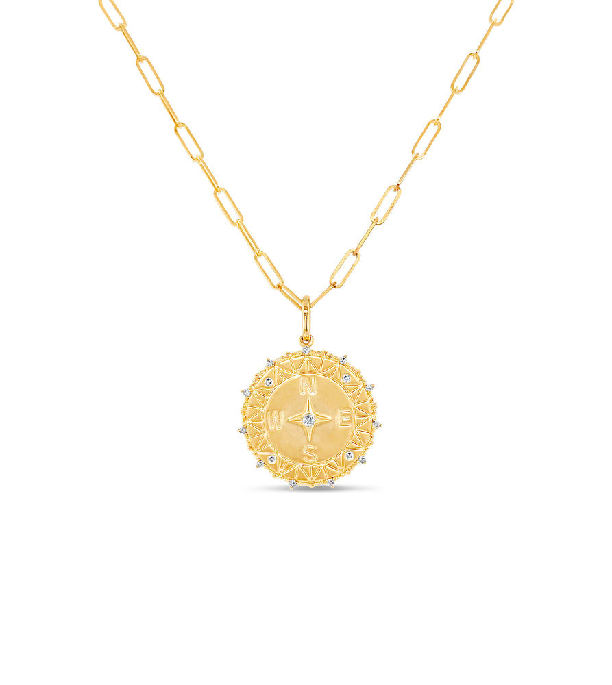 Diamond Compass Medallion Disc Necklace - 14K  - Olive & Chain Fine Jewelry